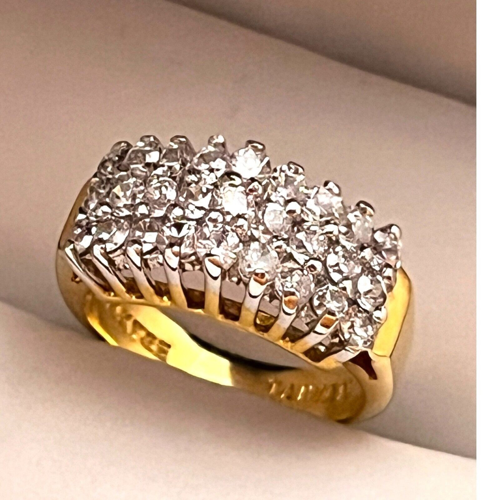 Vintage 1980s Ring Size 6 CZ Cluster Three Row Prong Set Gold Plated – 14M