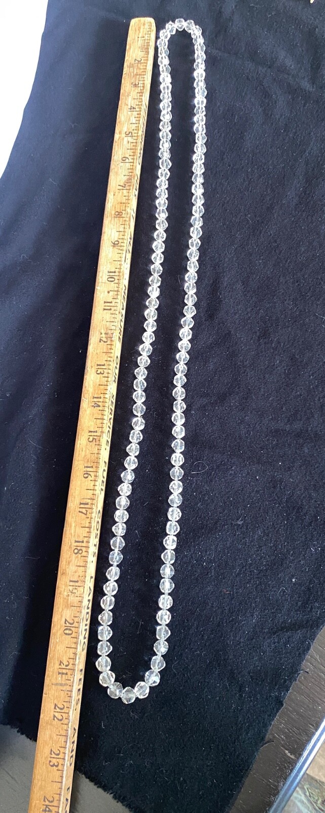 Antique Long Faceted Quartz Crystal Beads Hand Knotted Necklace 44”