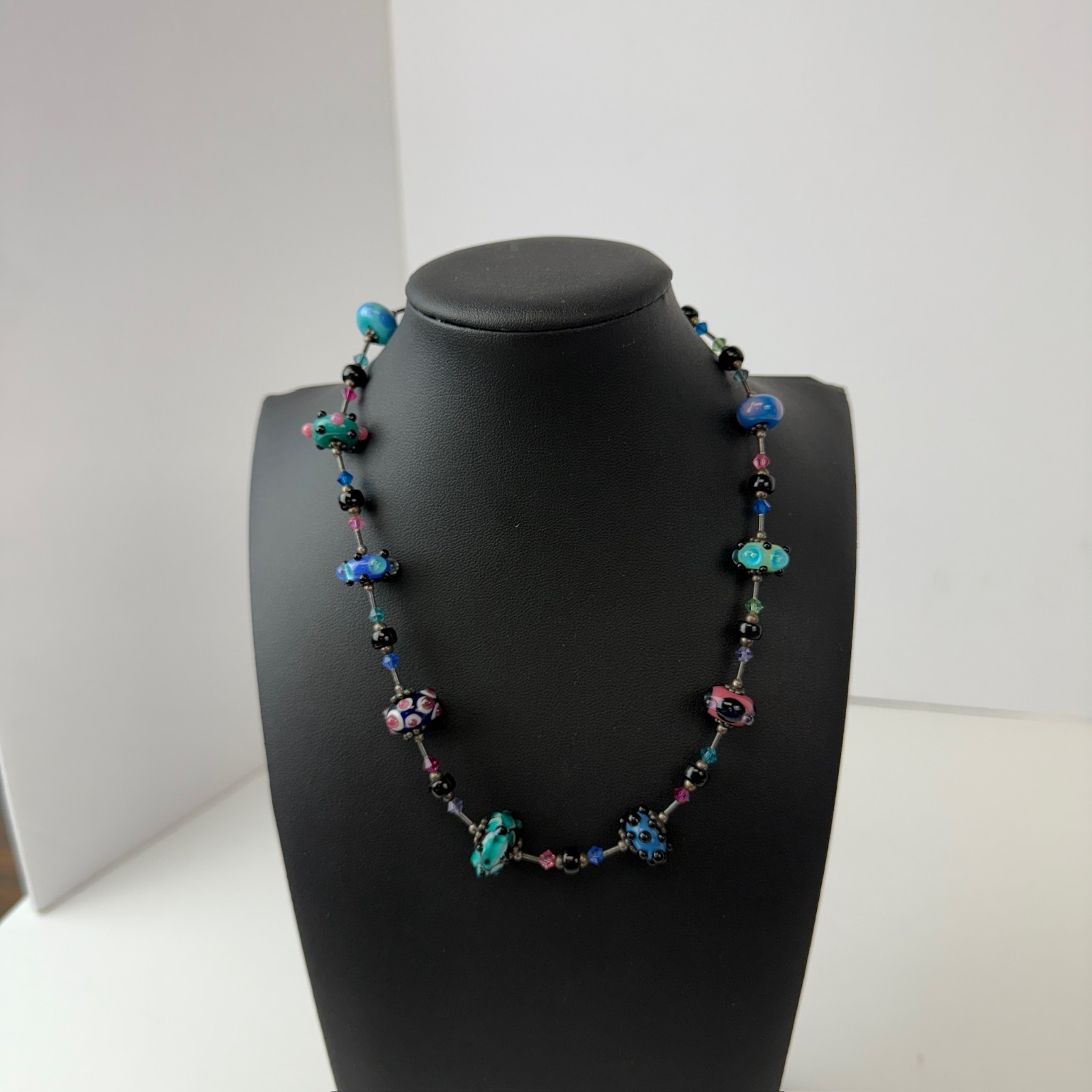 Vintage Art Lampwork Glass Swirl Beaded Necklace 925 Sterling Silver Polka Dot