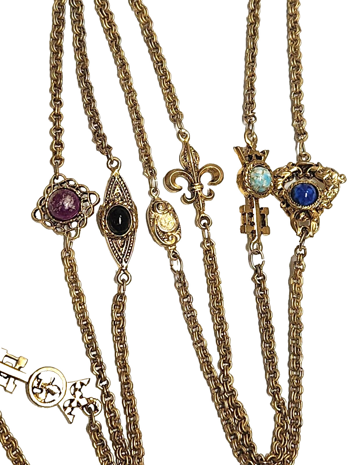 Vintage Unsigned Goldette Fluer de Lis, Faux Gemstone. Key Station Necklace 54″