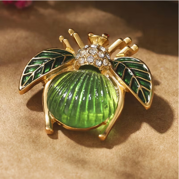 BROOCH-Vintage Style Boho Insect, Green Glass & Rhinestone Inlay, Alloy Base