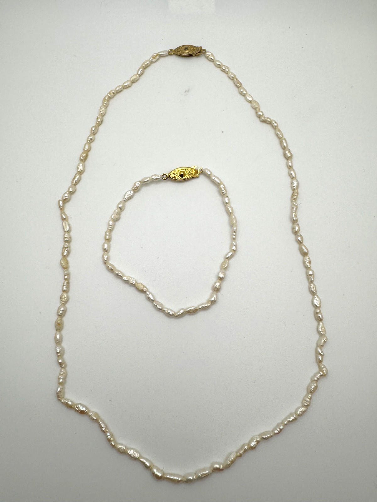 Vintage Rice Pearl Necklace Bracelet Set 20″ 8″ Gold Tone Fish Hook Clasp