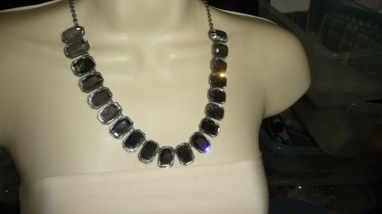 #62 vtg costume NECKLACE Sign Danielle Stevens SILVER TONE w LARGE RHINESTONE