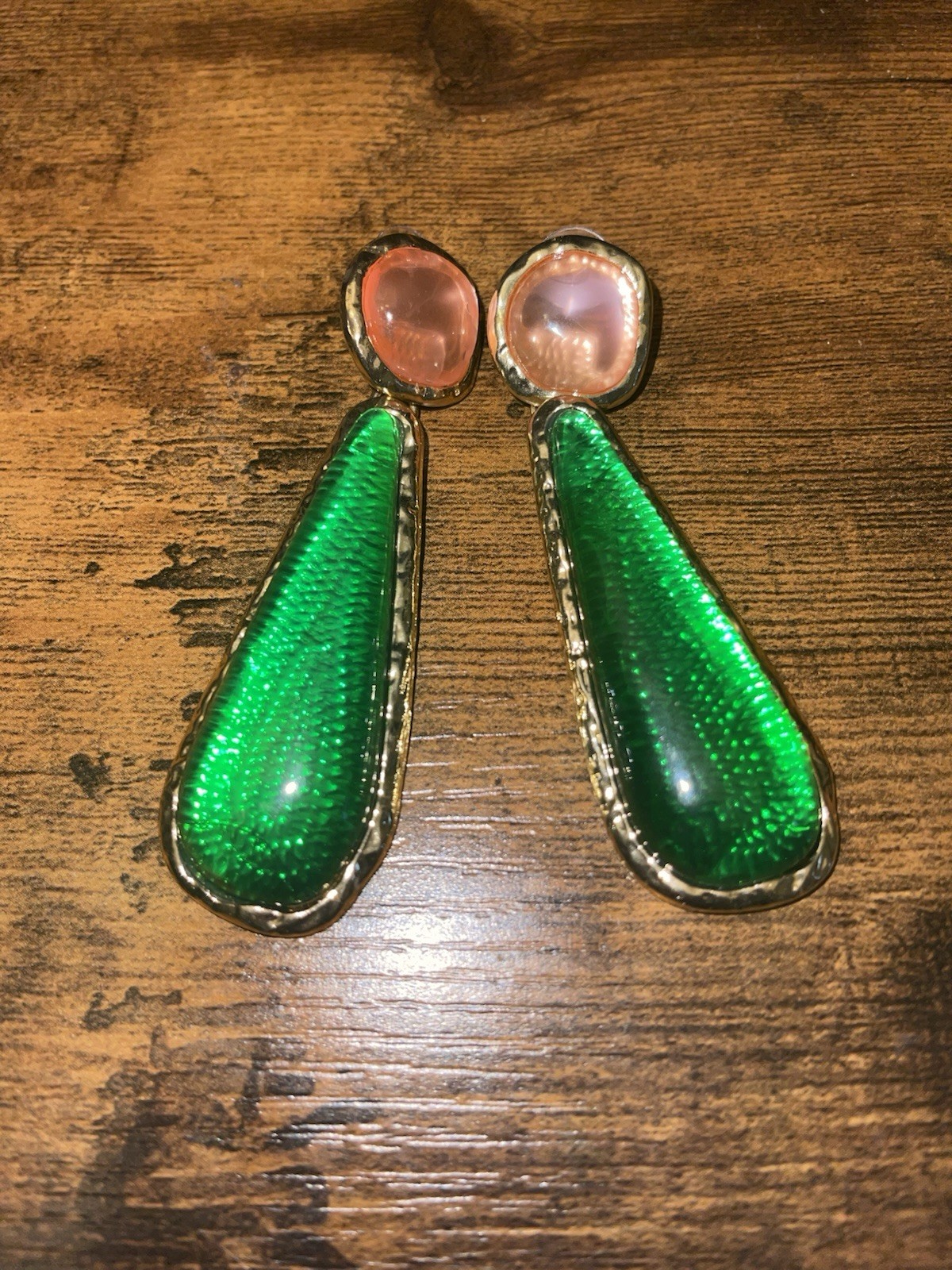 Gripoix Style Jelly Resin Earrings Pierced Dangle Gold Green Pink Brutalist