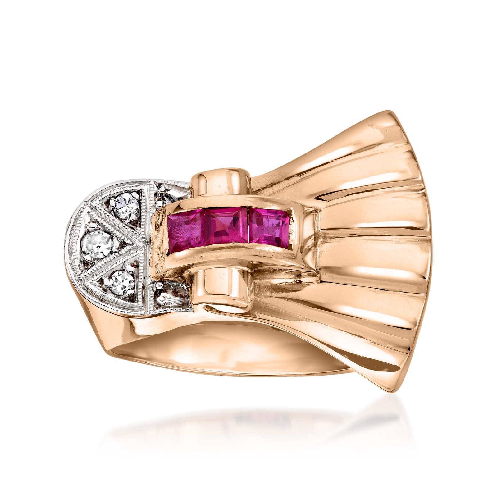 Vint Synth Ruby Fan Rng w Diamonds in 18k Rose Gold Size 6