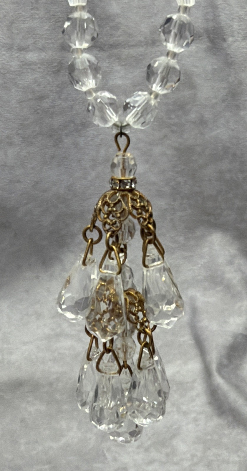 Vintage Signed Miriam Haskell Brass Crystal Facet Glass Dangle Necklace T2