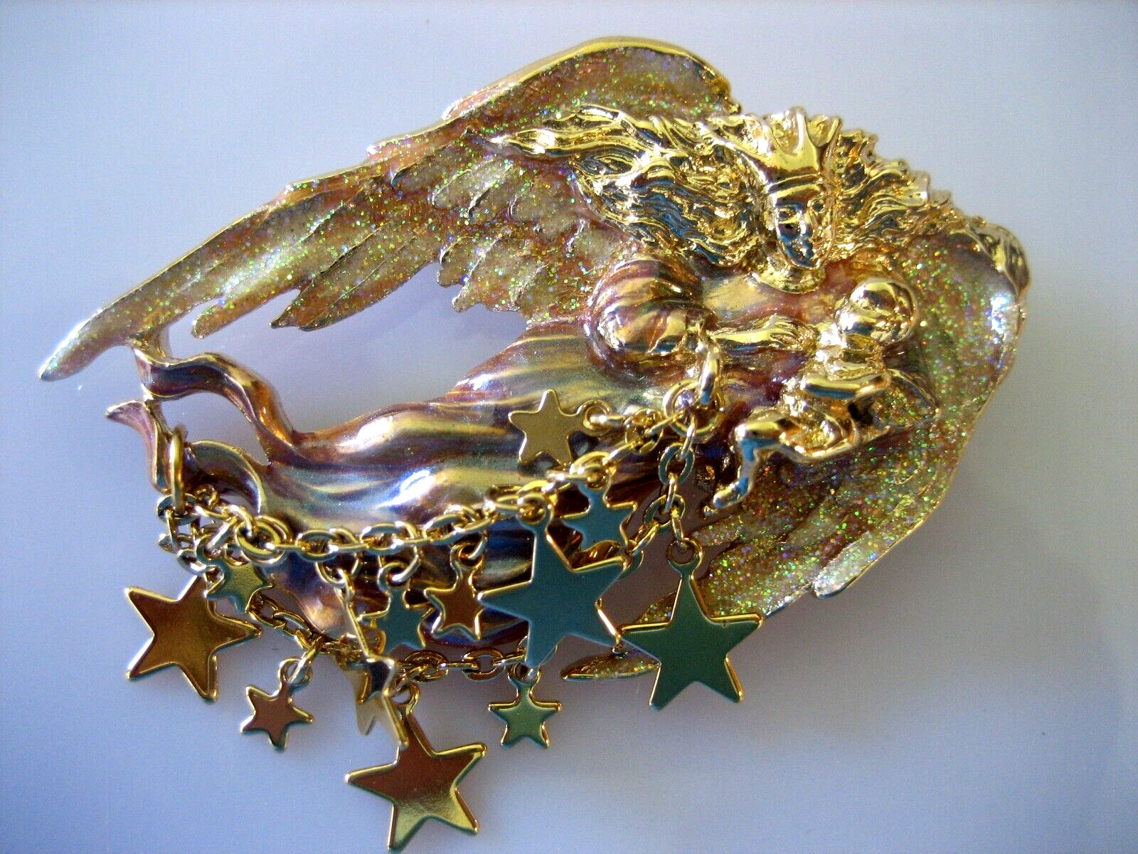 VINTAGE KIRKS FOLLY GUARDIAN ANGEL W/BABY ENAMEL STARS GLITTER BROOCH PIN