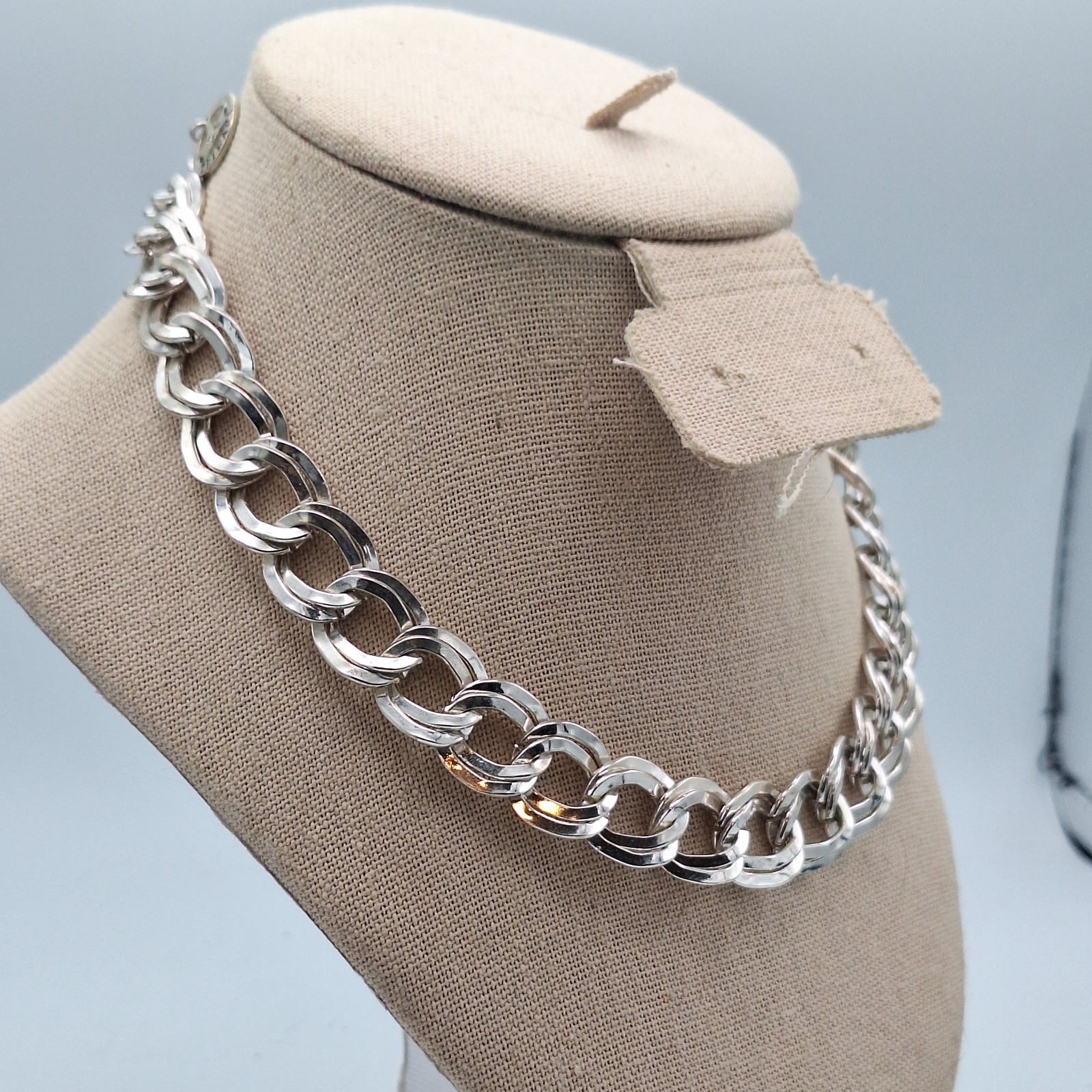 Crown Trifari Metal Double Link Chain Necklace Silver Tone 18″