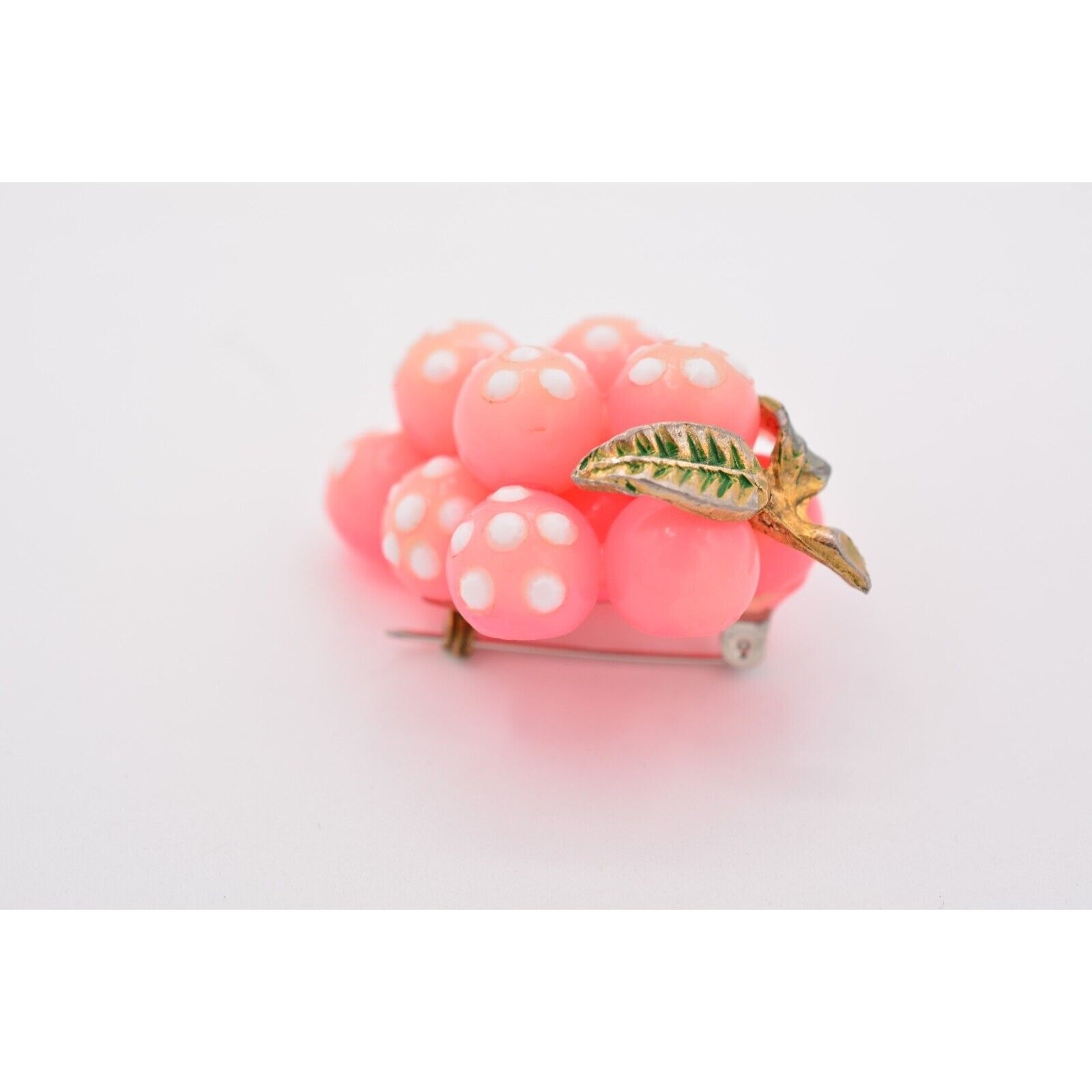 Vintage Glass Grapes Pin Brooch Pink White Polka Dot Crystal Antique 1960s BinAJ