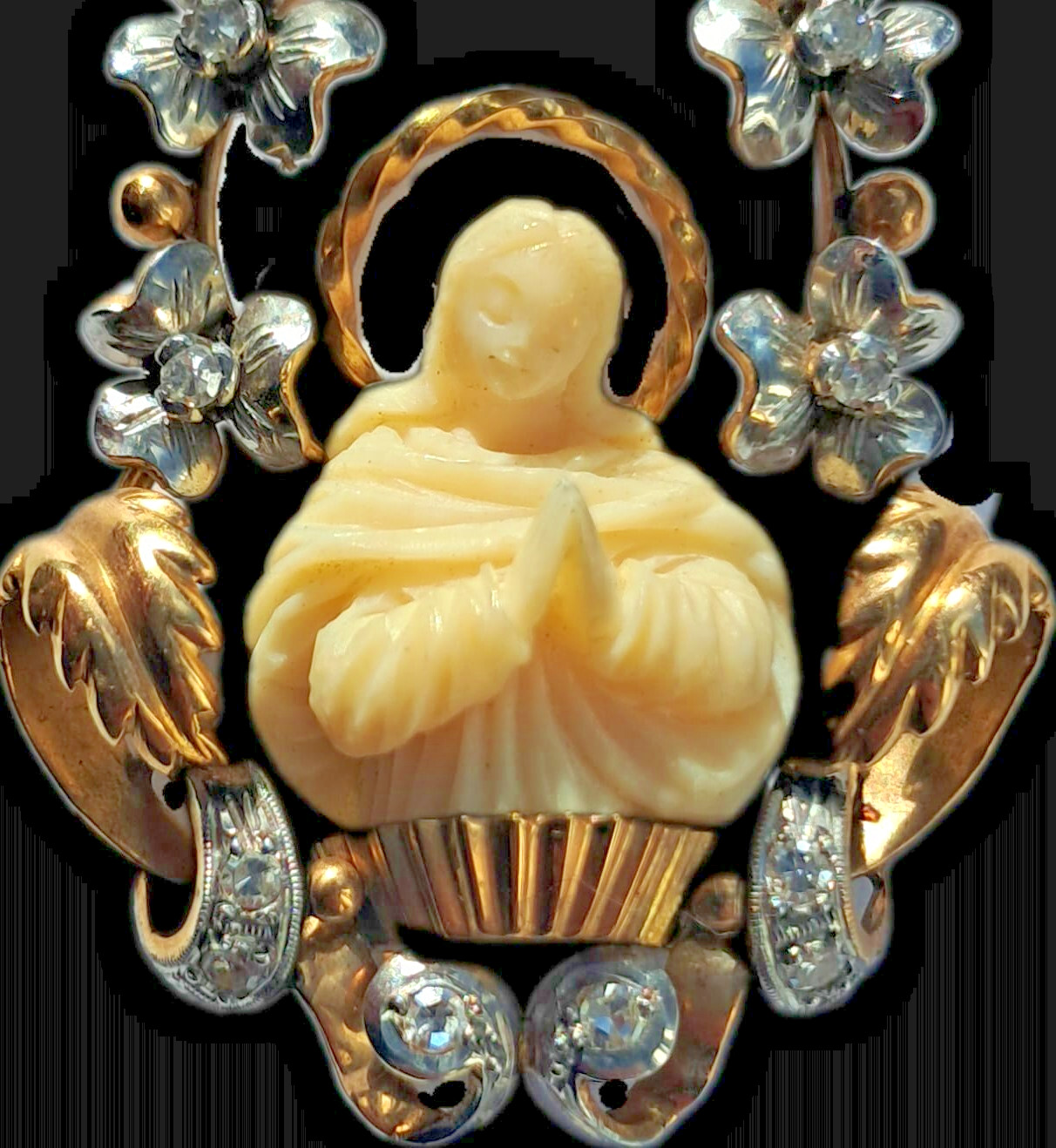 Antique Art Nouveau 18K Gold Virgin Mary Pendant Rose Cut Diamonds c1900
