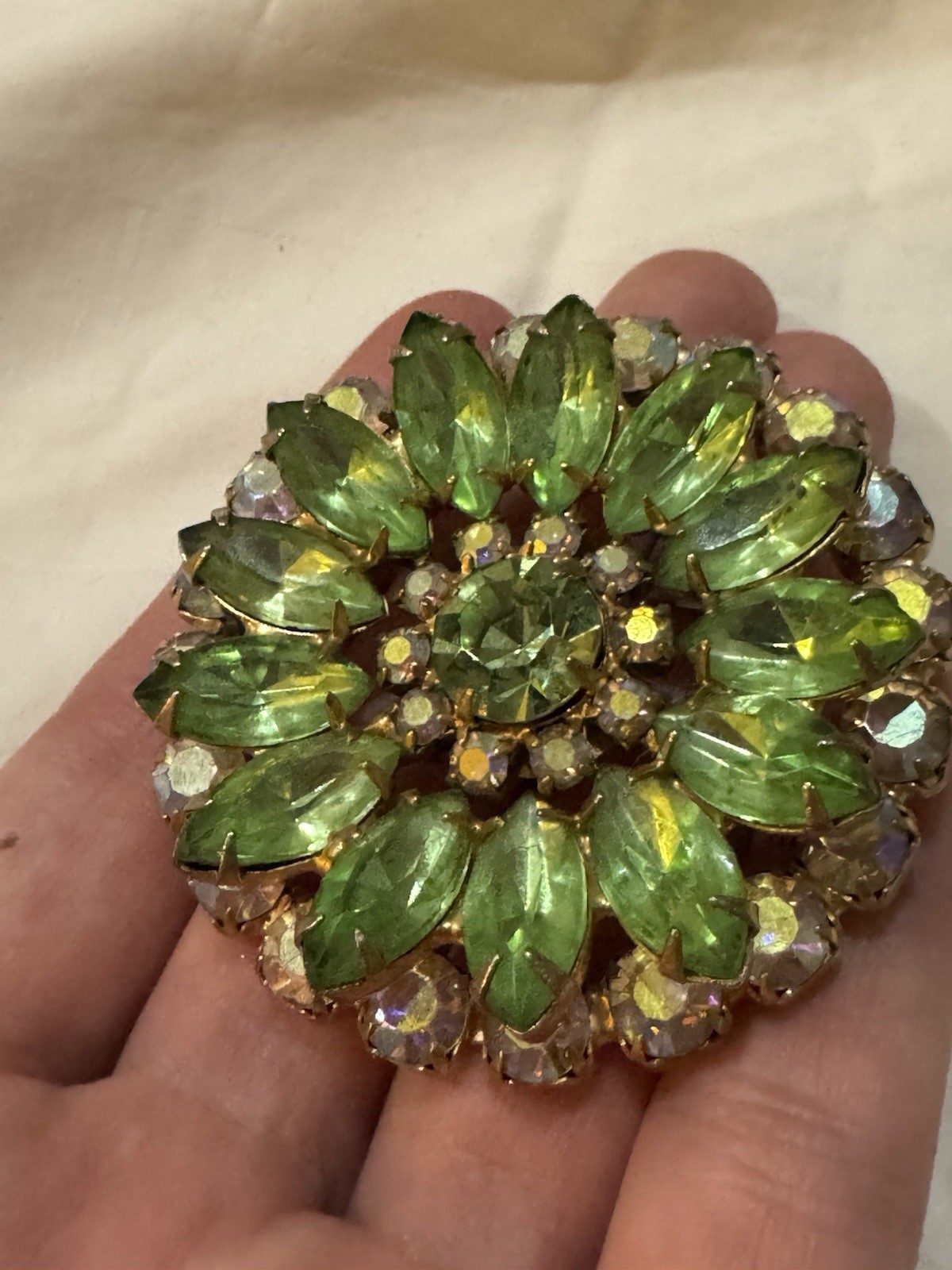 Lime Green Incandescent Rhinestone Pin Brooch Vintage Retro 1960s 2in Wide