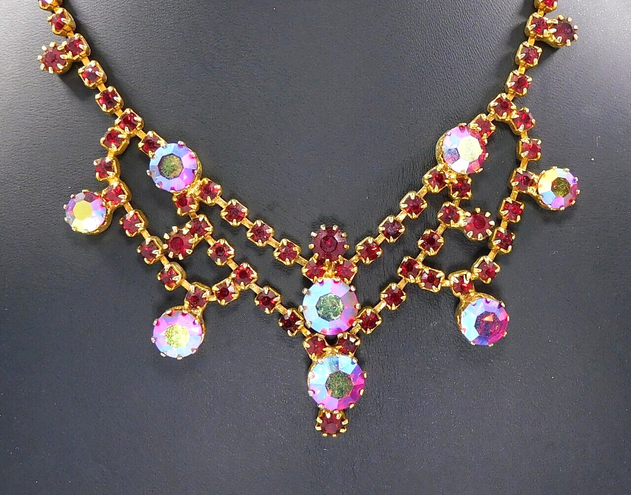 Vintage Signed Austria Crystal AB Red Rhinestone Prong Set Bib Collar Necklace