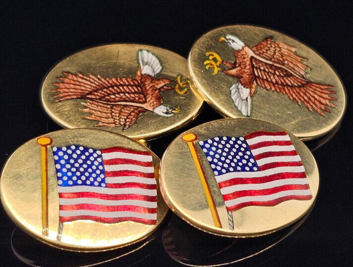 18K Gold Deakin & Francis AMERICAN FLAG and EAGLE Cufflinks Made in England