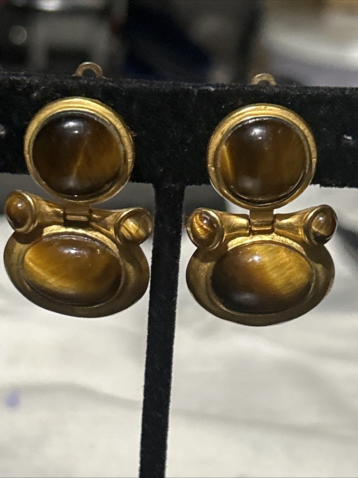 JADED Jewels 22k Gold Plated Beautiful Door Knocker Tiger Eye Clip On Earrings