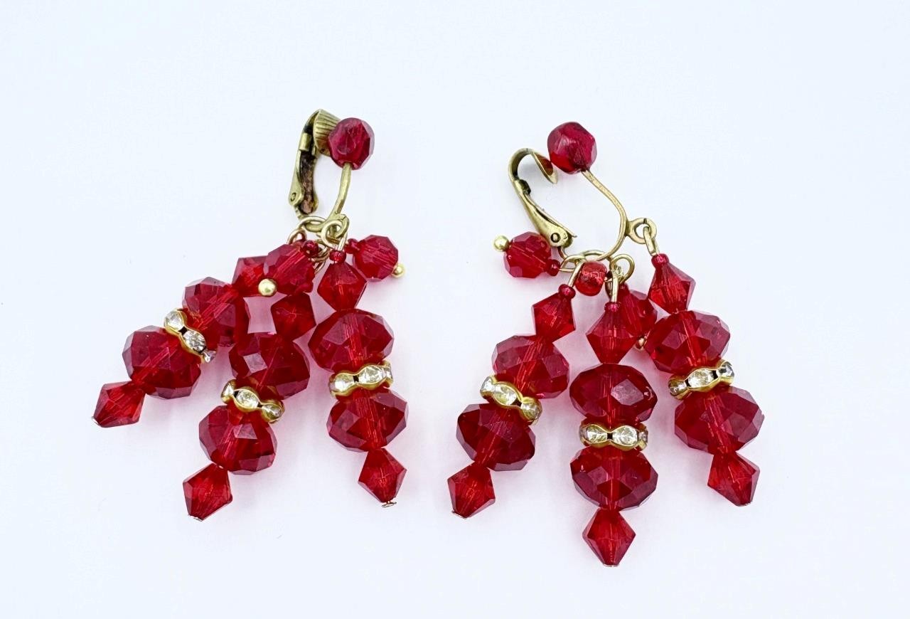 2 Pc Matching Set Signed Anka Ruby-Red Beaded Rhinestone Necklace & Earrings
