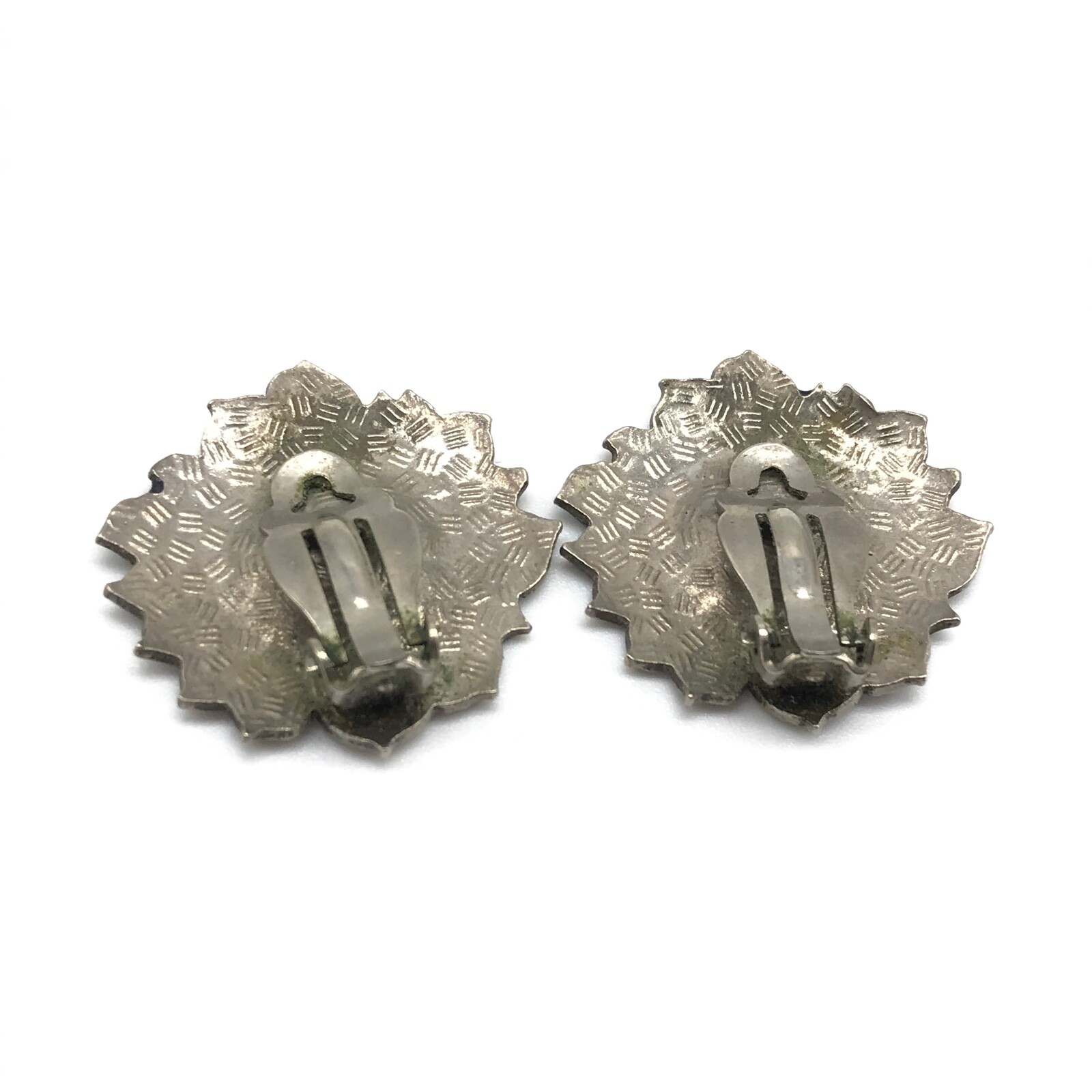 Vintage Purple Blue Enamel Silver Tone Flower Clip On Earrings
