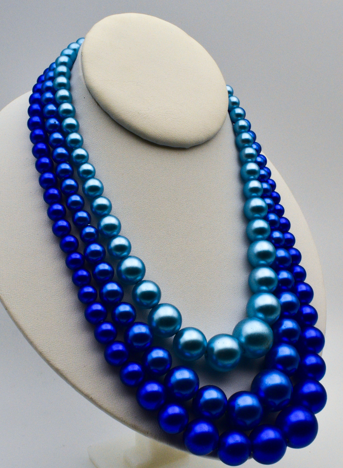 Blue 3 Strand Graduated Faux Pearl Necklace And Clip On Earrings Set Japan
