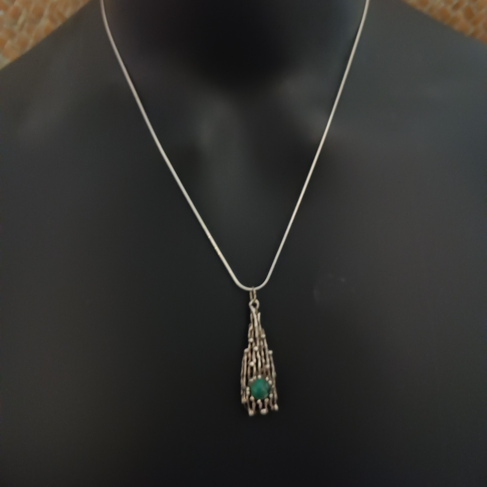 Modernist Brutalist Eilat Stone Pendant Necklace Sterling Silver Israeli 70s VTG