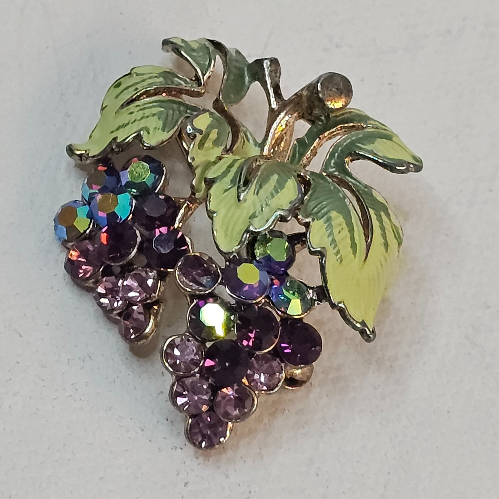 Grape Cluster Scatter Brooch Purple AB Rhinestones Green Leaves Unmarked Pin