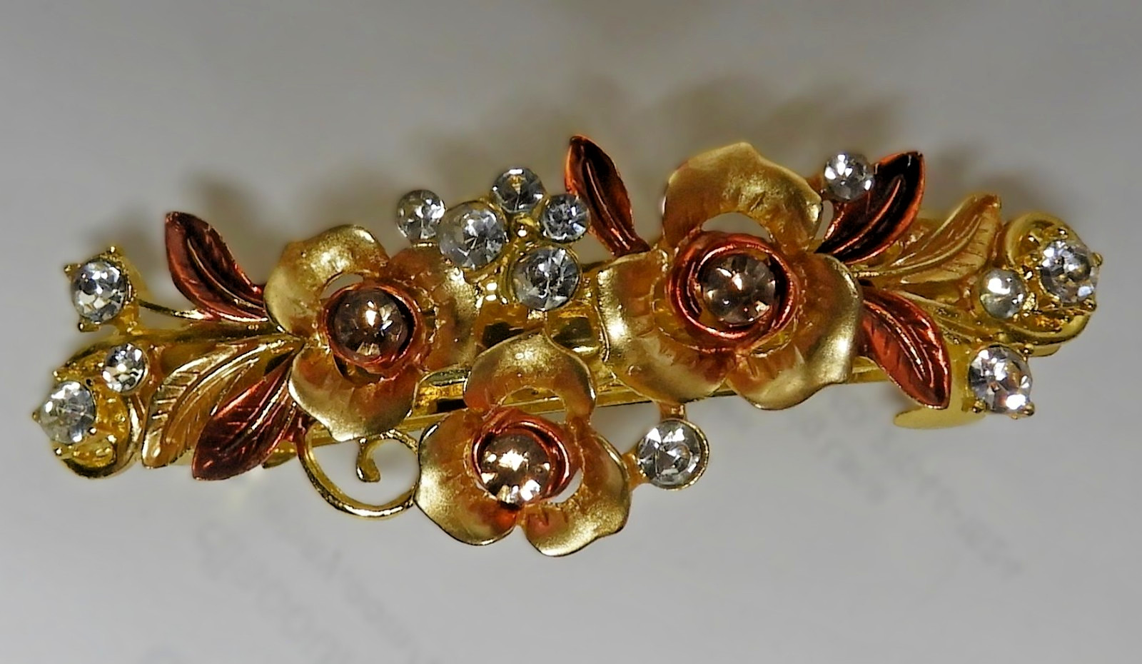 Vintage Hair Barrette, pretty rose gold colored metal, flowers and rhinestones