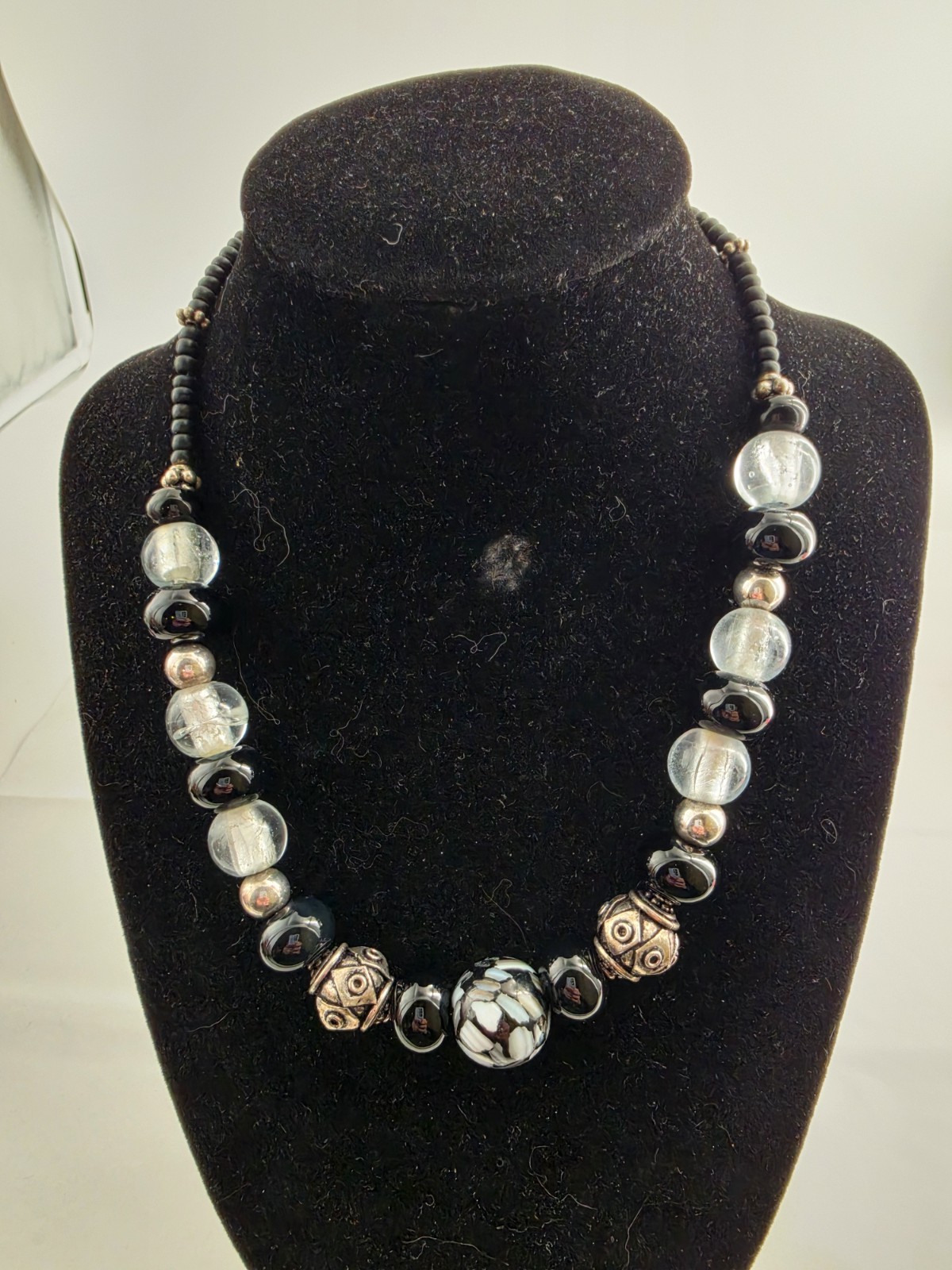 VTG Sterling Black Clear Glass Bead Necklace 60.97g