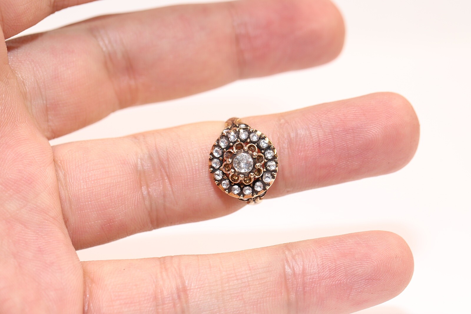Vintage Circa 1980s 8k Gold Natural Rose Cut Diamond Decorated Ring