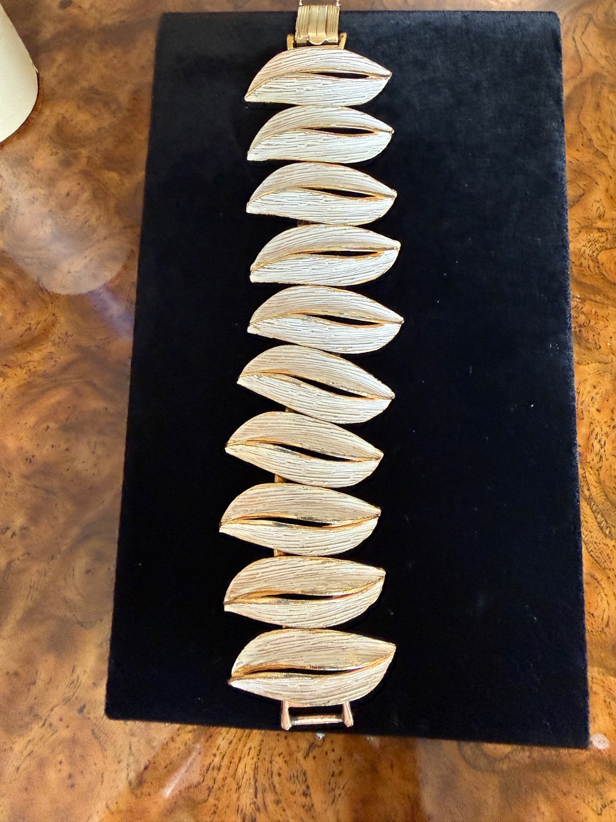 Vintage ART Modernist Bracelet Gold Tone White Enamel Brutalist Sculptural