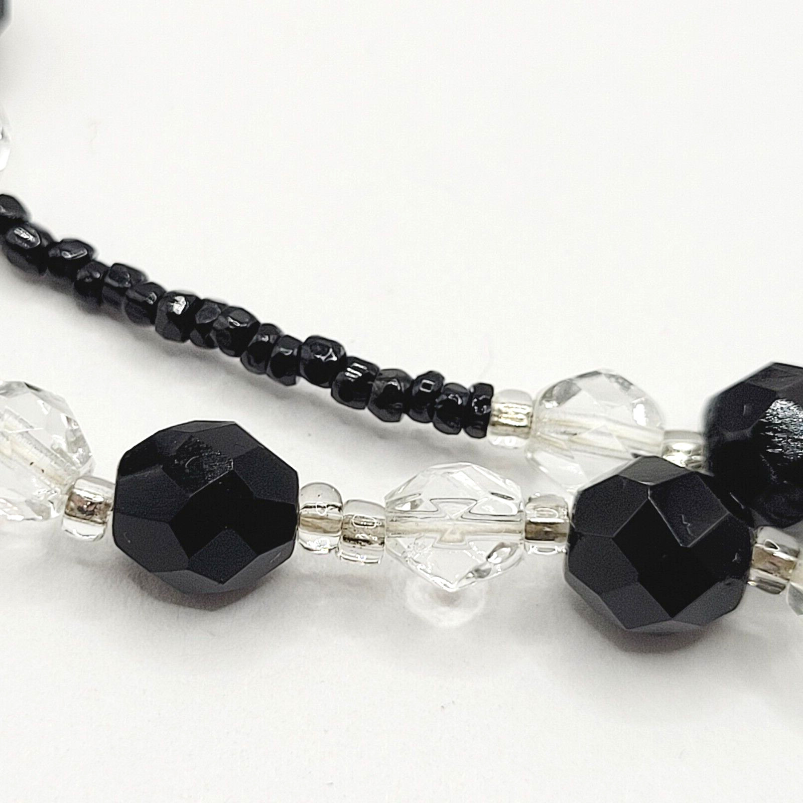 Modern Art Deco Black Clear Cut Crystal Bead Silver Tone Vintage Necklace 31 in