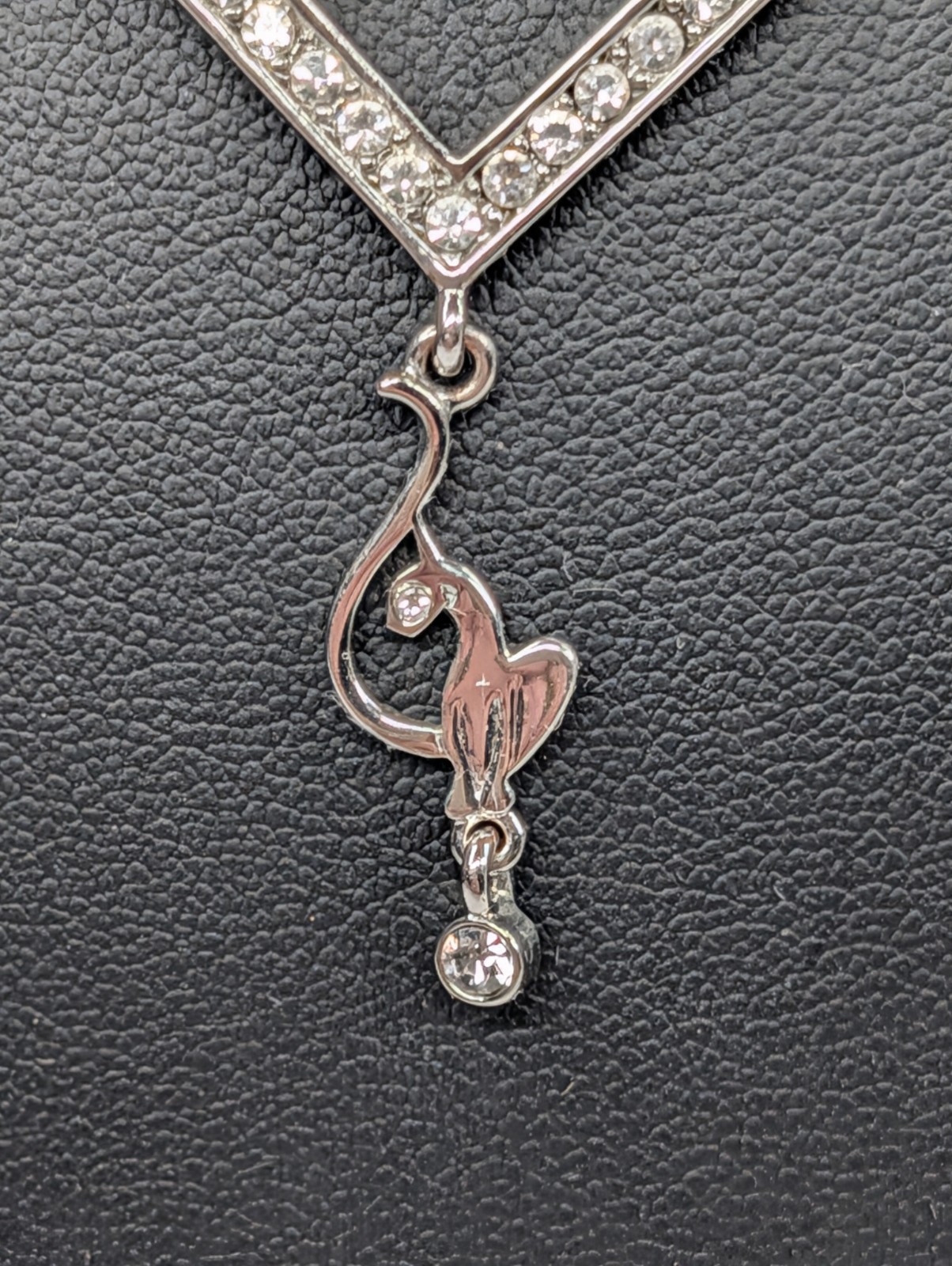 Baby Phat Signed Rhinestone Geometric Station Necklace Cat Logo Charm Silver 18″