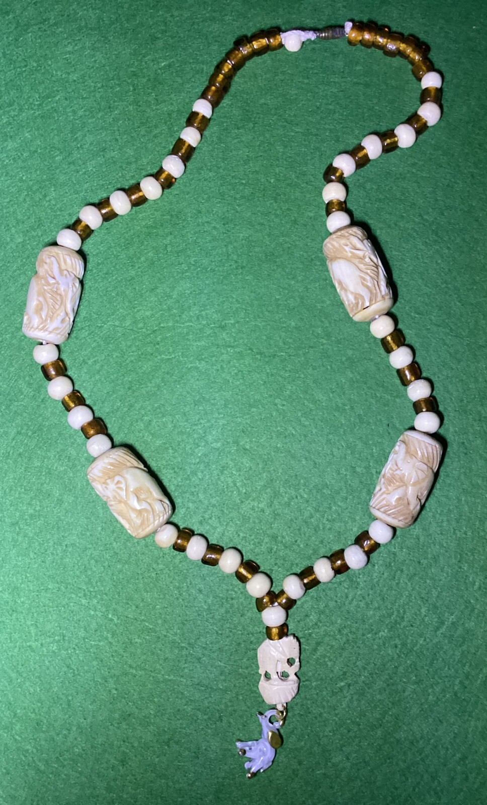 Vintage Elephant Theme Carved Bovine Bone & Amber Glass Beads 27” Necklace