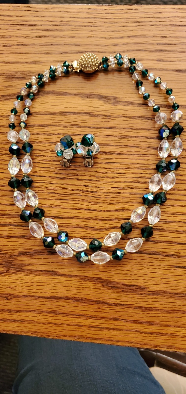 Vintage Emerald Green &Clear Aurora Borealis Double Strand Crystal Necklace set