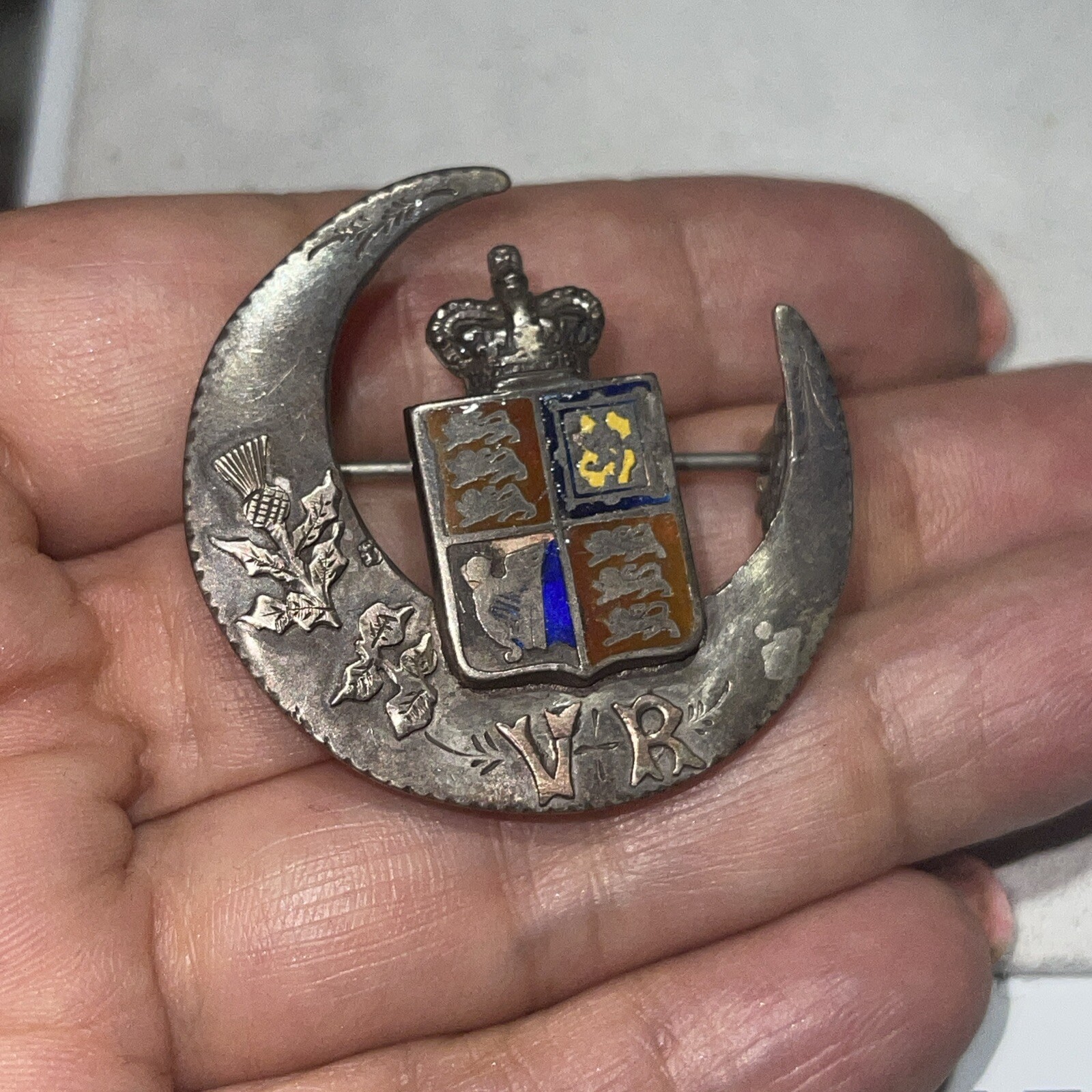 Antique 1886/1887 Queen Victoria Jubilee Sterling Silver Pin Enamel VR