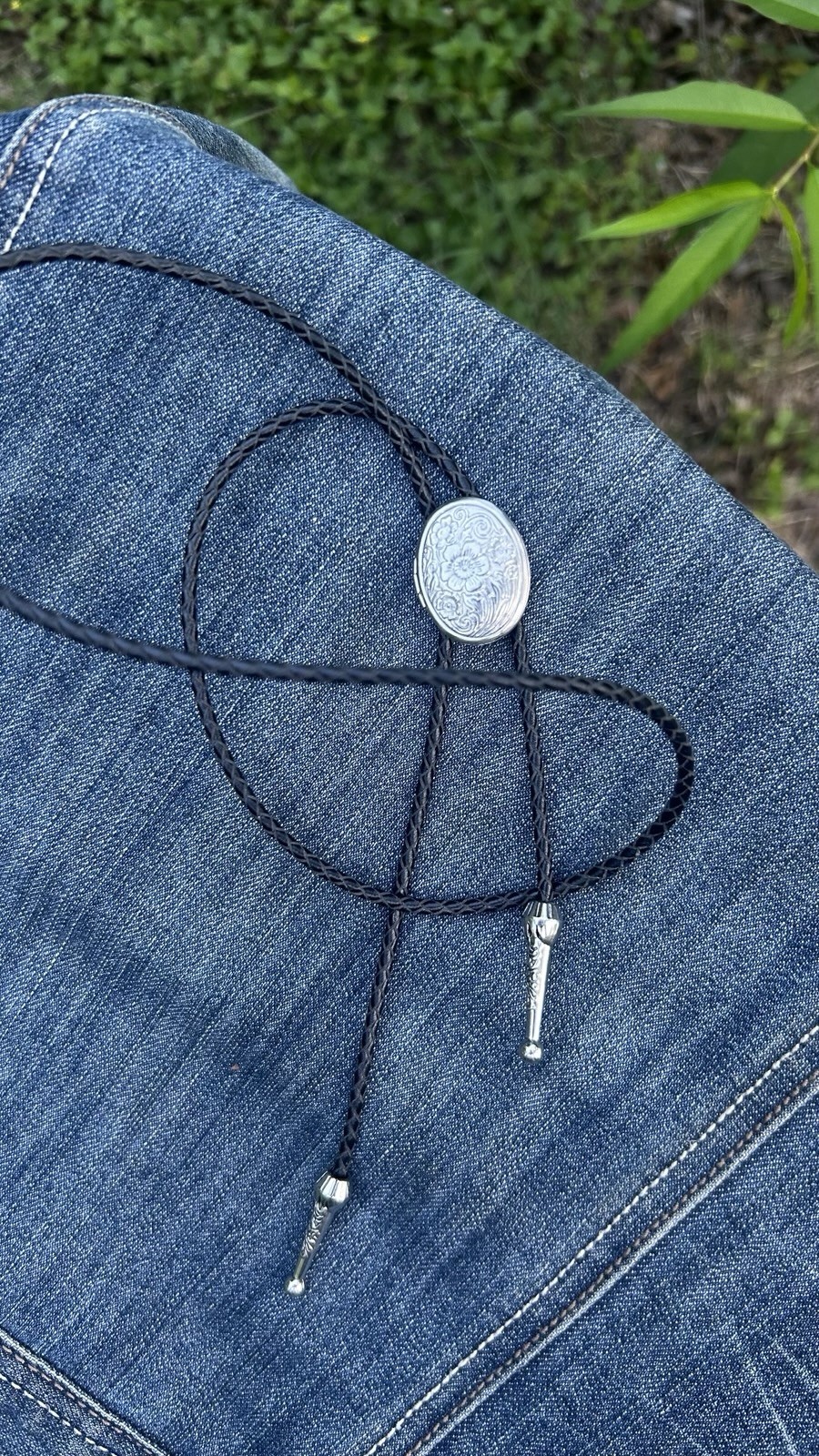 Vintage Style Oval Silver Locket Bolo Tie Black Leather Cord FREE SHIPPING
