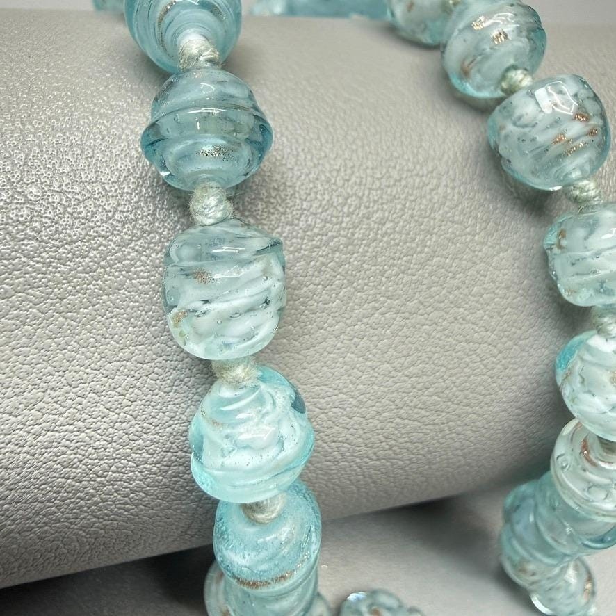 VTG Light Blue Venetian Glass Bead Necklace 16″ Gold Flecks Aventurine Choker