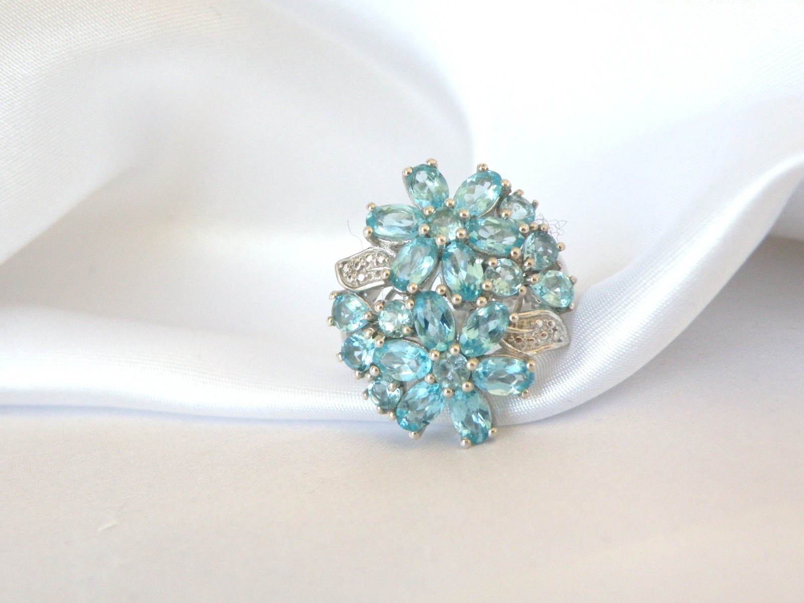 Vintage Sterling Silver 925 Cluster Natural Aqua Blue Apatite Large Ring Size 6