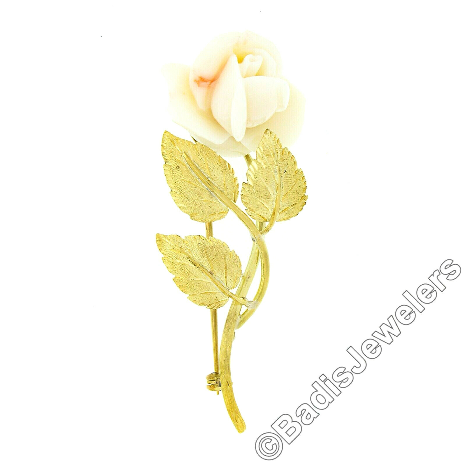 Vintage 18K Gold Carved Angel Skin Coral Rose Flower Hand Finish Leaves Brooch