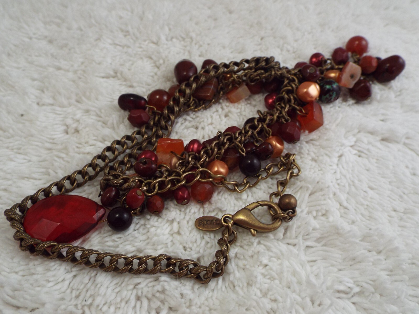 CHICO’S Brass Red Brown Bead Drop Pendant Necklace (A53)