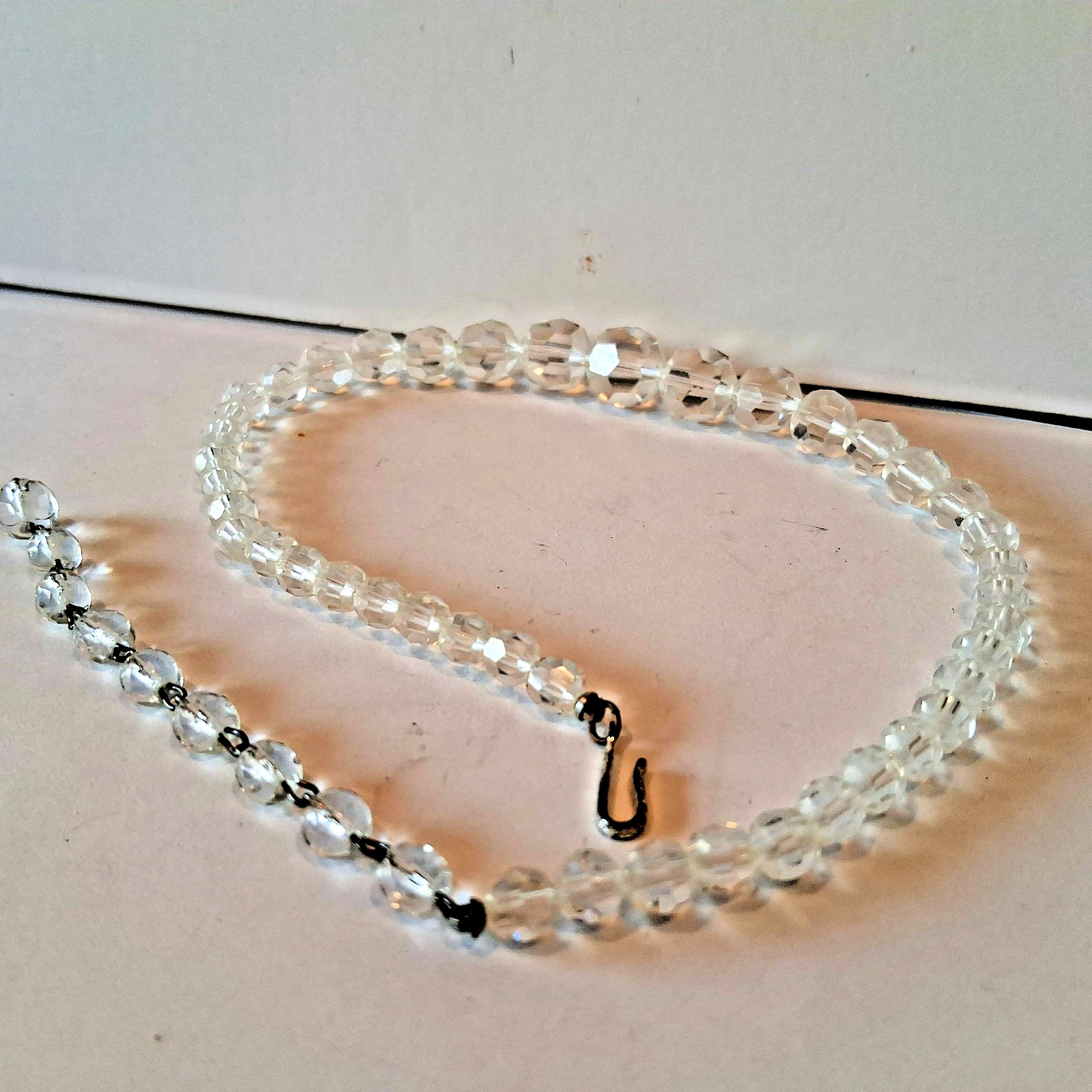 Vintage Art Deco Bicone Cut Clear Crystal Strung Beads 15 inches Necklace