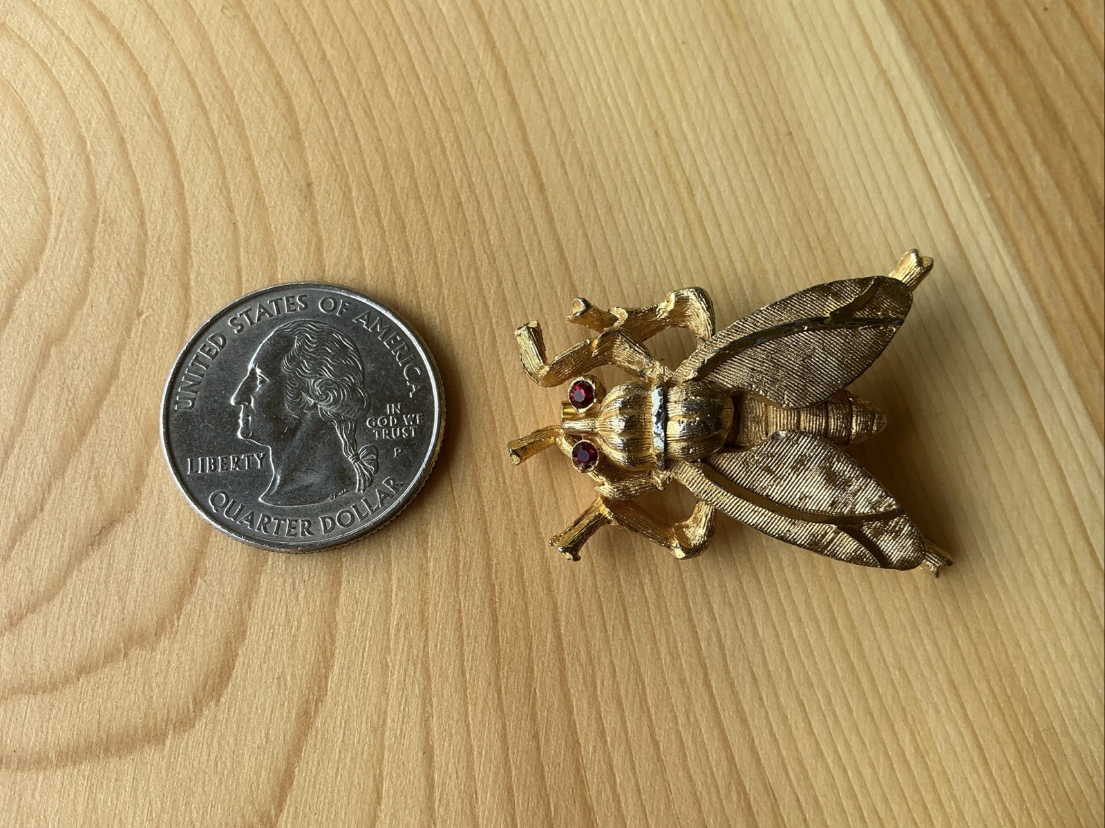Vintage Fly Brooch Pin with Red Rhinestone Eyes Textured Gold Tone Medium Chunky