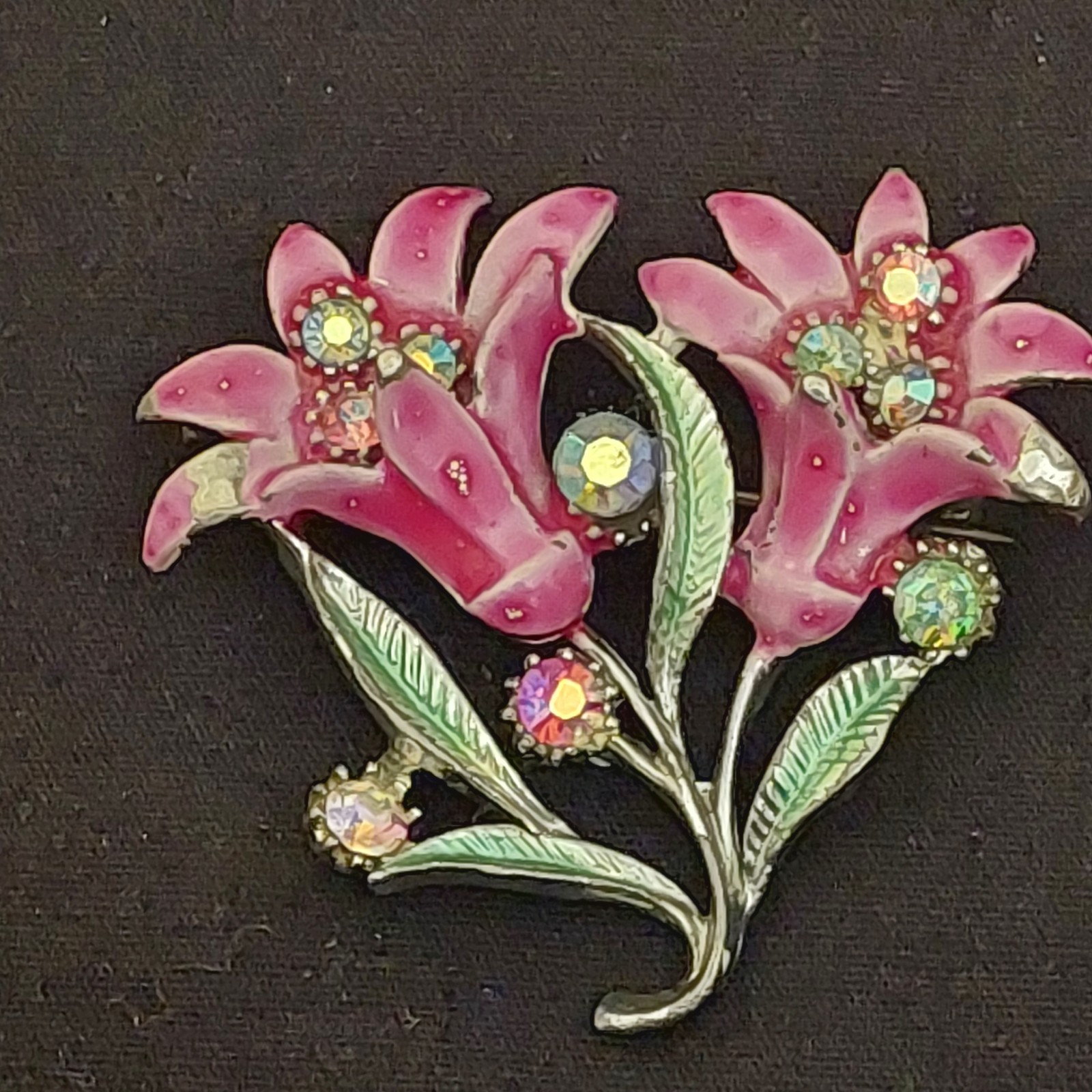 Vintage British Pink Green Guilloche Enamel Lily Rhinestones Flower Brooch