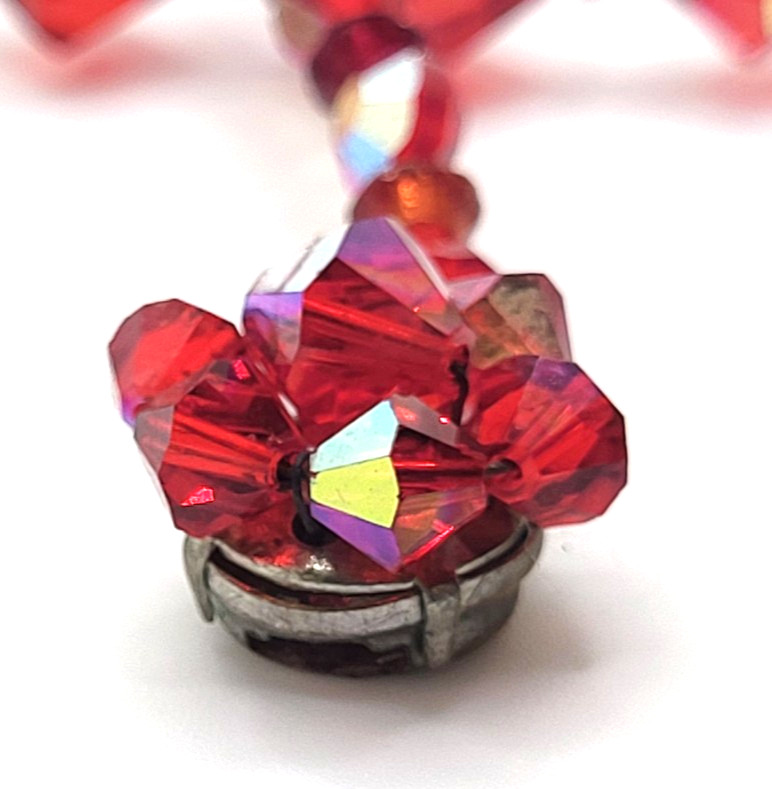 Vintage Ruby Red AB Bicone Bead Aspirin Crystal Bead Necklace Cluster Box Clasp
