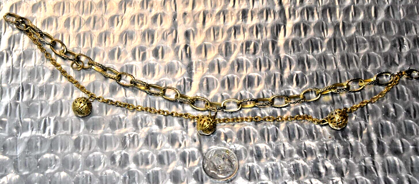 Antique Gold Colored Metal Bracelet w/Oval Links & Thin Loose Chain w/ 3 Balls
