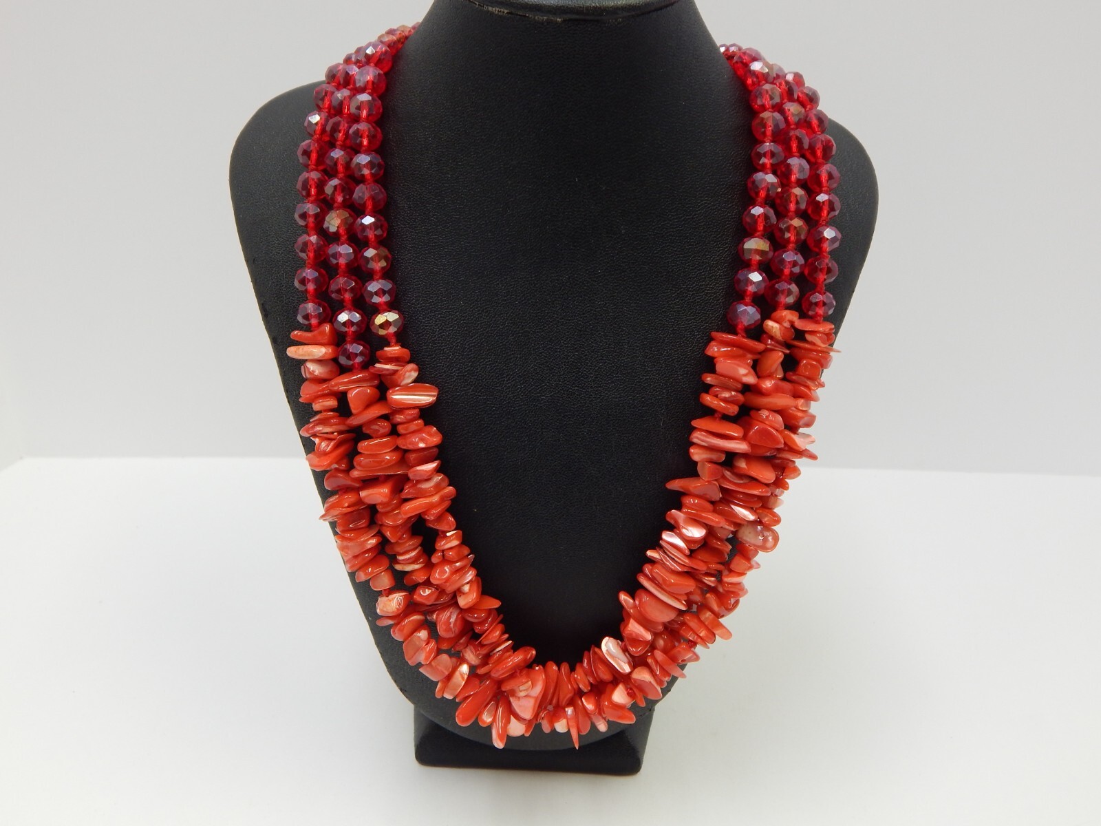 Coral Pink Abalone & Fuchsia Red Aurora Borealis Crystal Beaded Necklace Knotted