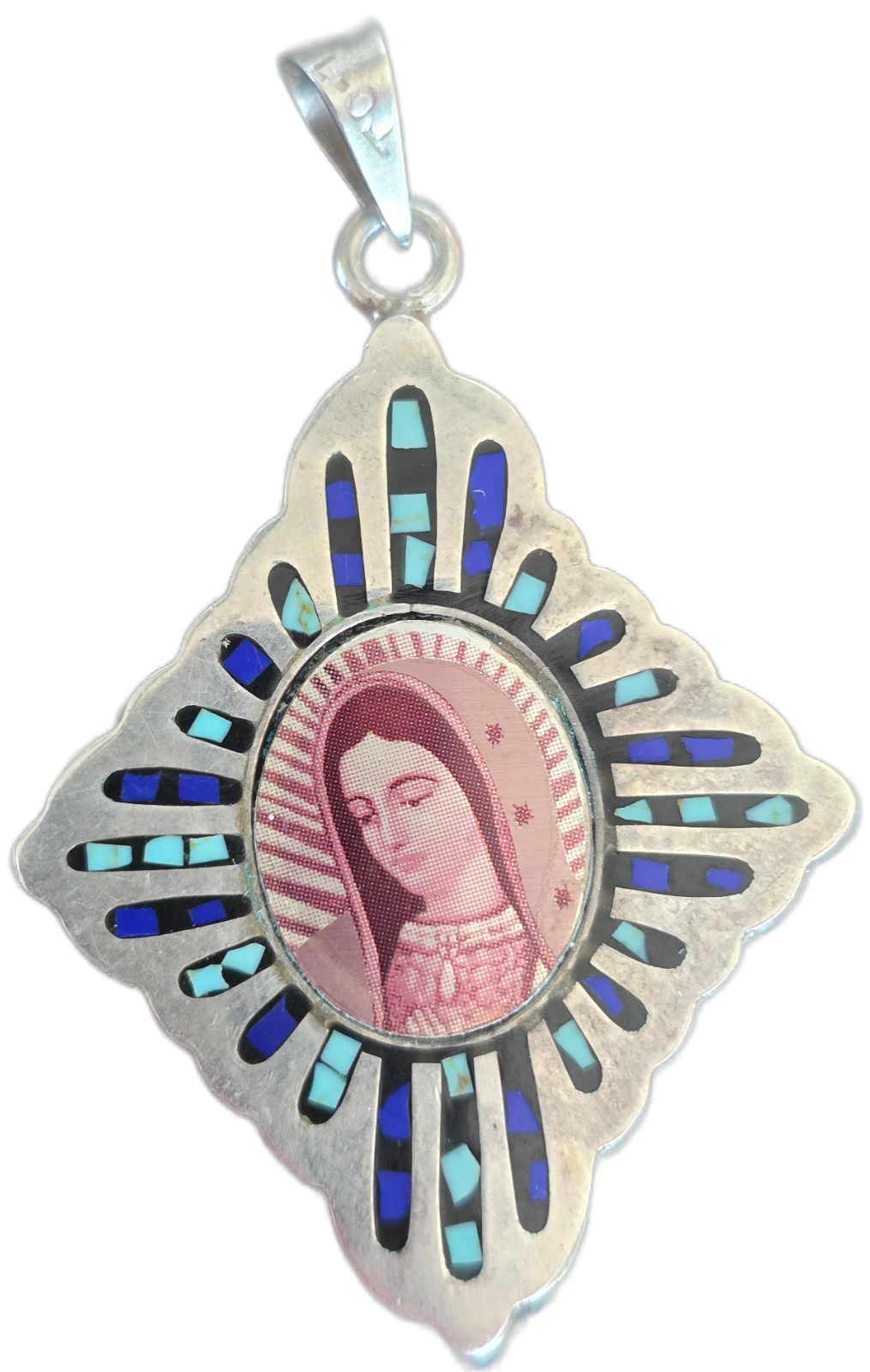 Large Sterling Silver Enamel Virgin Mary Pendant Blue Turquoise Religious Medal