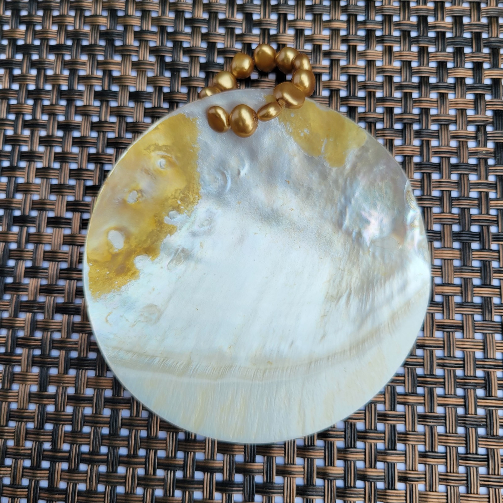 Vtg “Sunrise” Orange Mother Of Pearl w/ Faux Baroque Pearls Statement Pendant