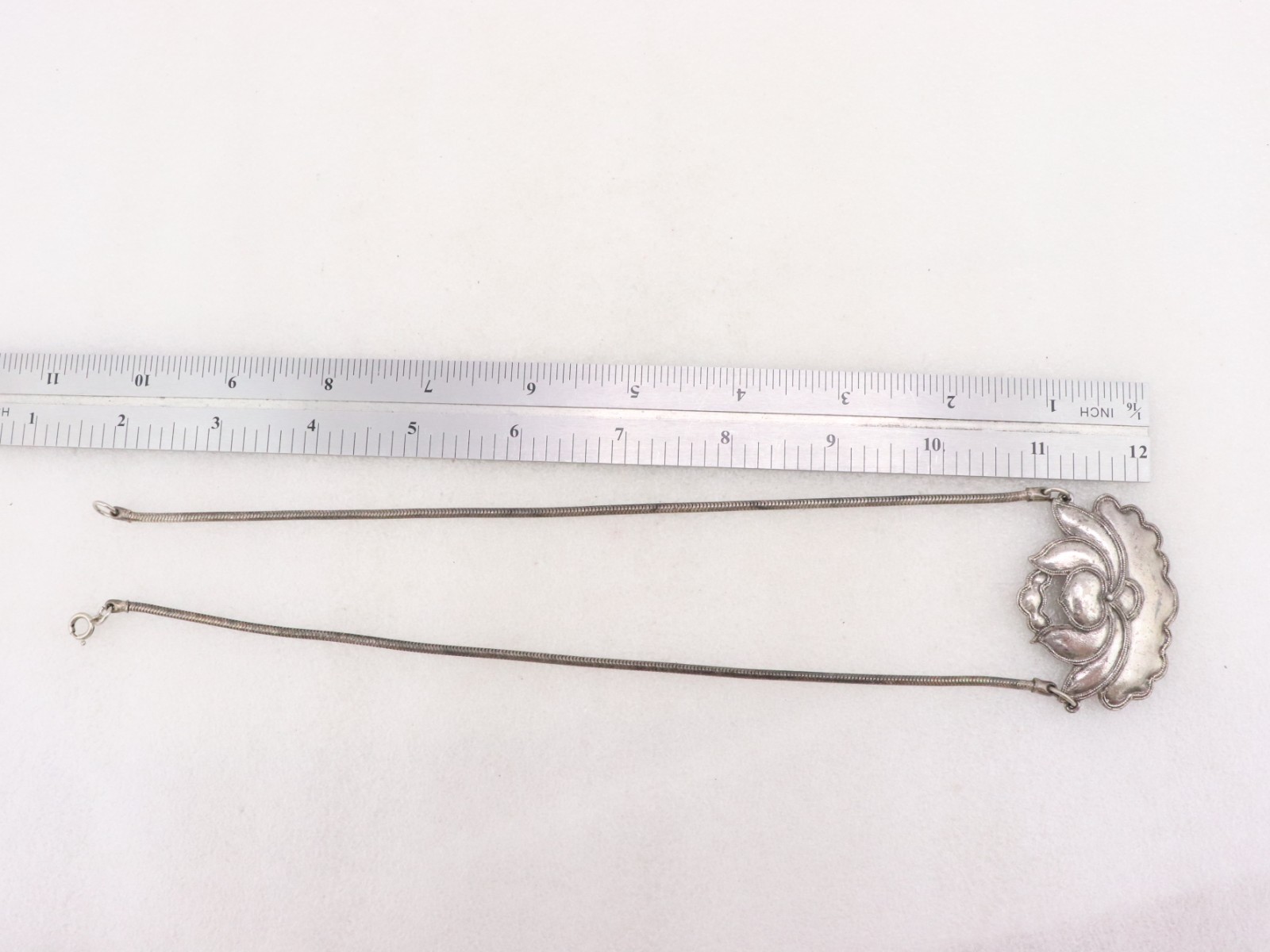 20″ Vintage Alva Museum Replicas Lotus Flower Necklace Antique Silver Tone