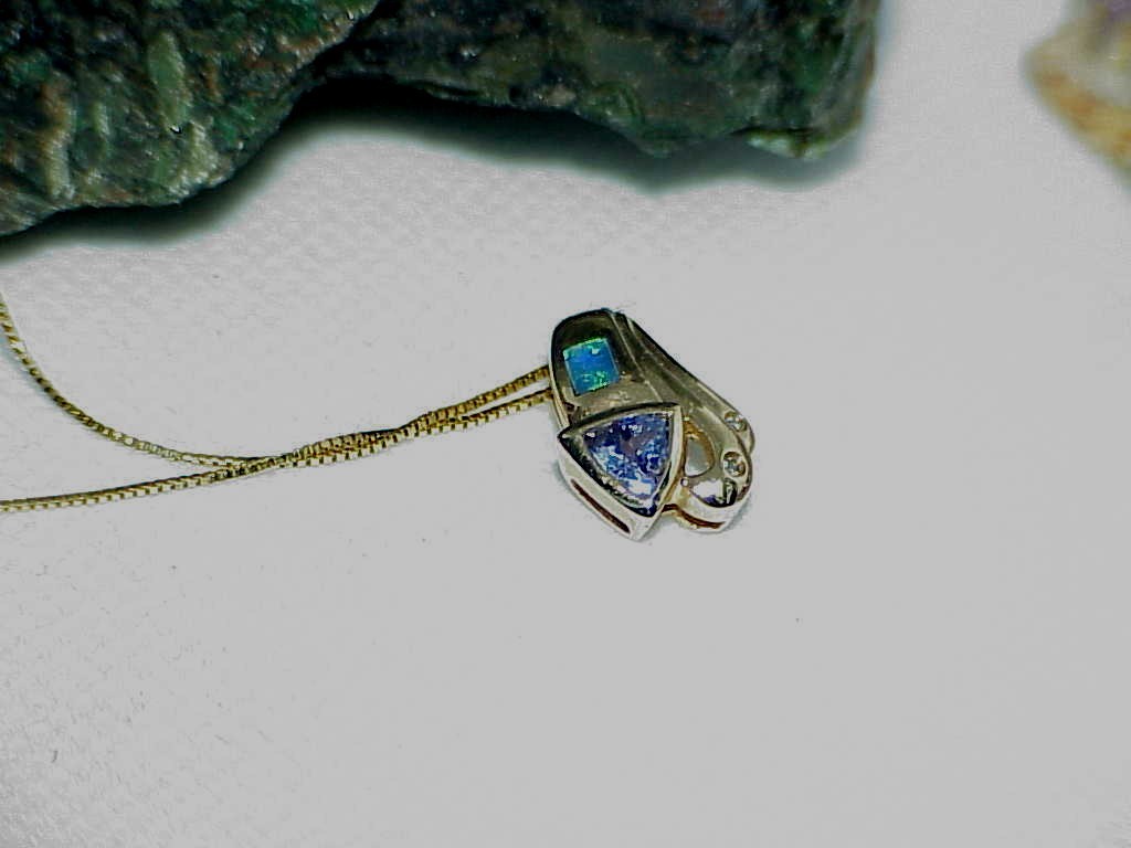 14K Black Opal Trillion Tanzanite 2 Diamond Pendant Necklace Yellow Gold New Tag