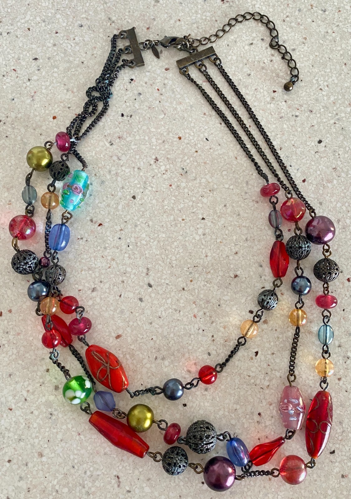 Avon Multicolor Glass Bead Necklace Triple Strand Copper Tone Adjustable 16″-19″
