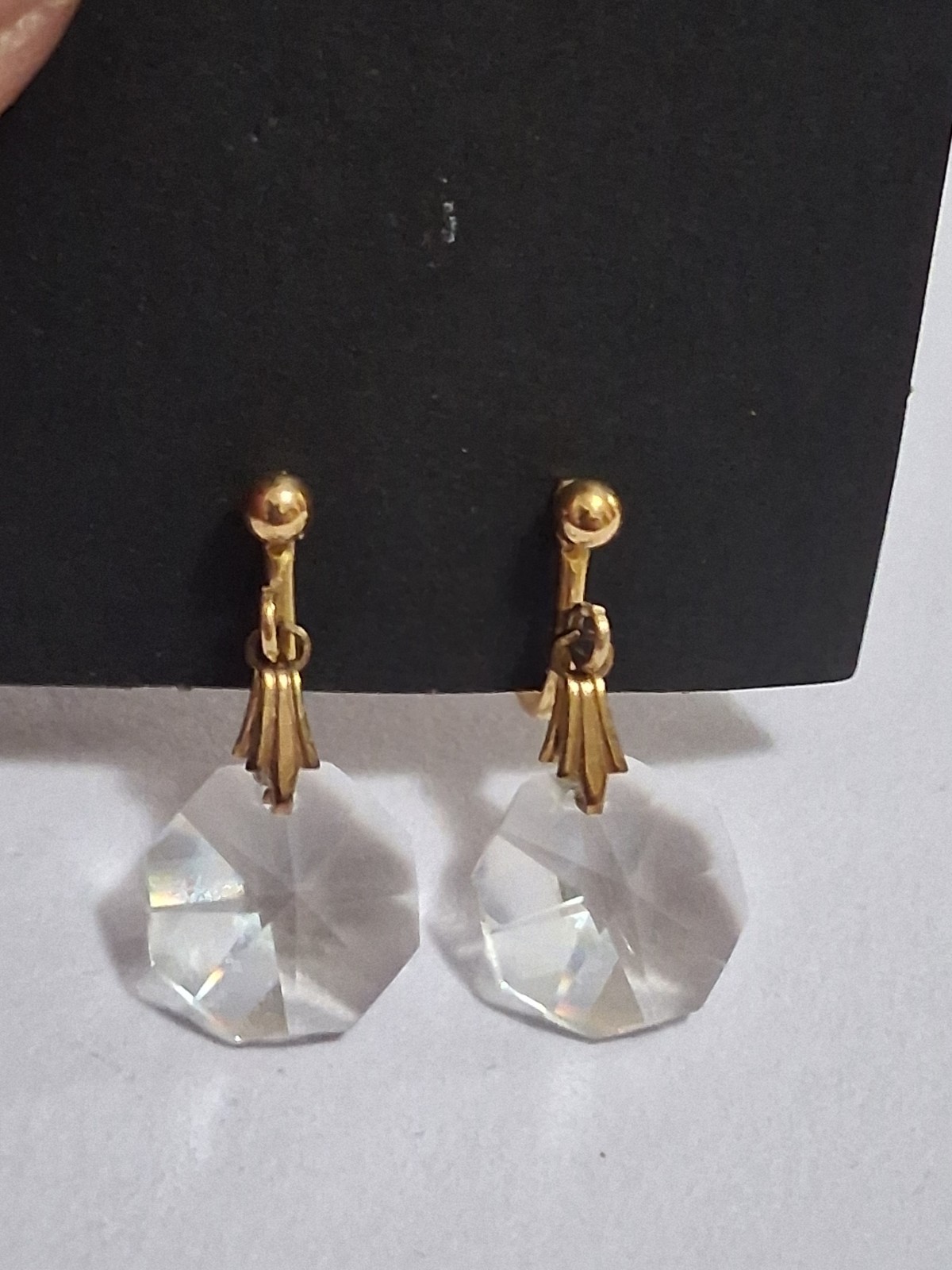 Gold filled faceted crystal dangle drop adjustable clip on earrings, geometric