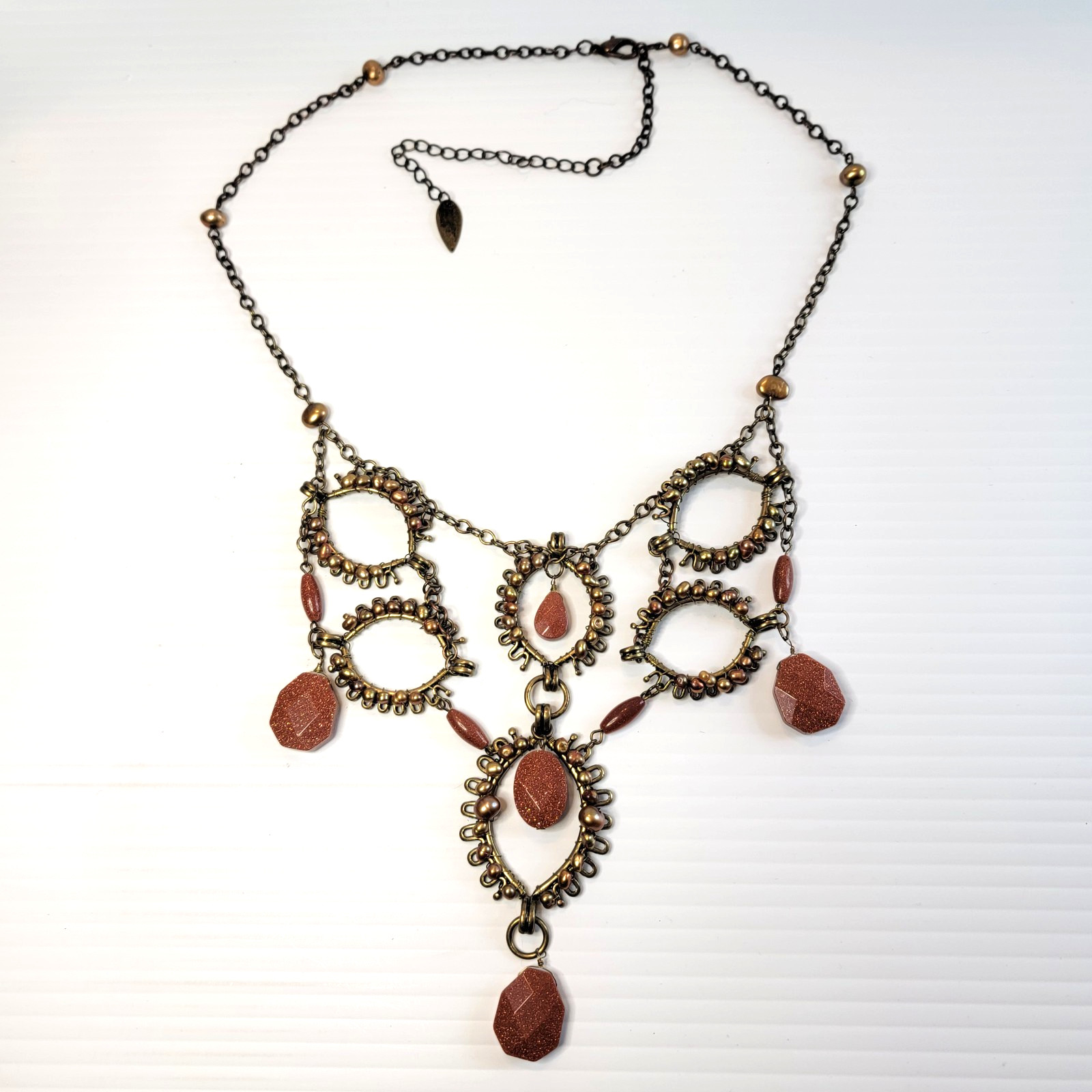 Vintage Coldwater Creek Goldstone and Pearls Bronze Tone Bib Festoon Necklace